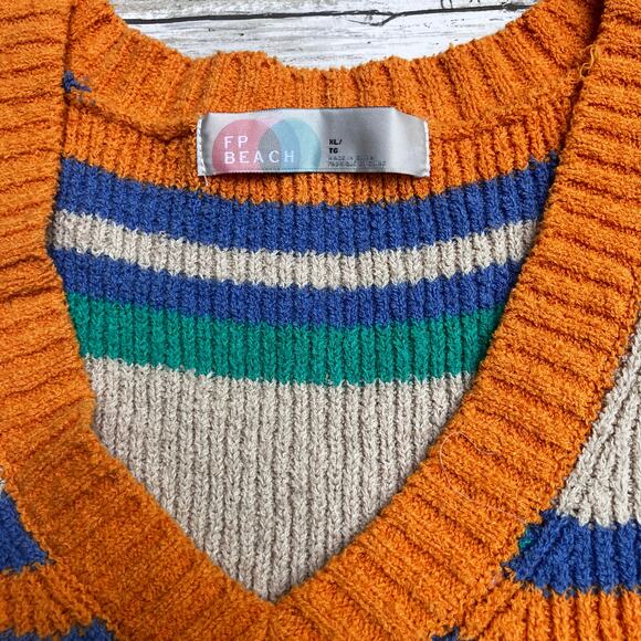 Free People Beach Marsha Striped Sweater Vest Sz XL Cropped Green Coastal Boho - Picture 9 of 12